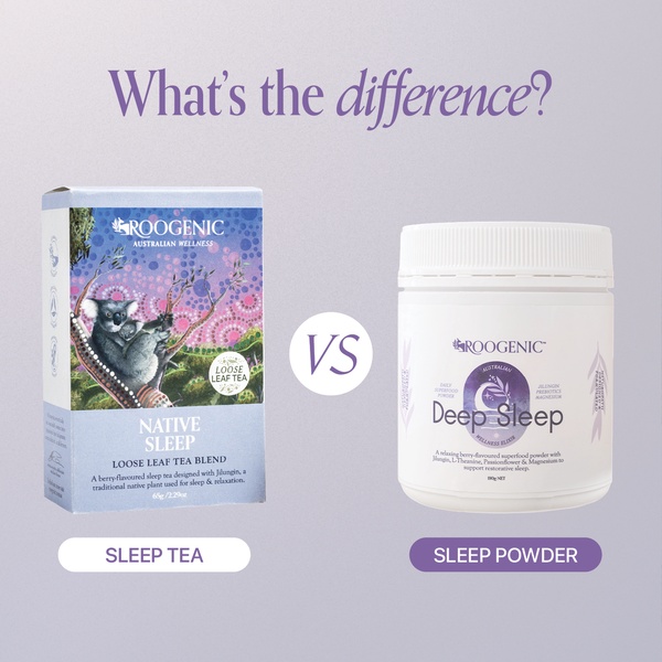 A side-by-side comparison creative featuring a sleep tea box and a sleep powder jar to clarify product differences for the consumer.